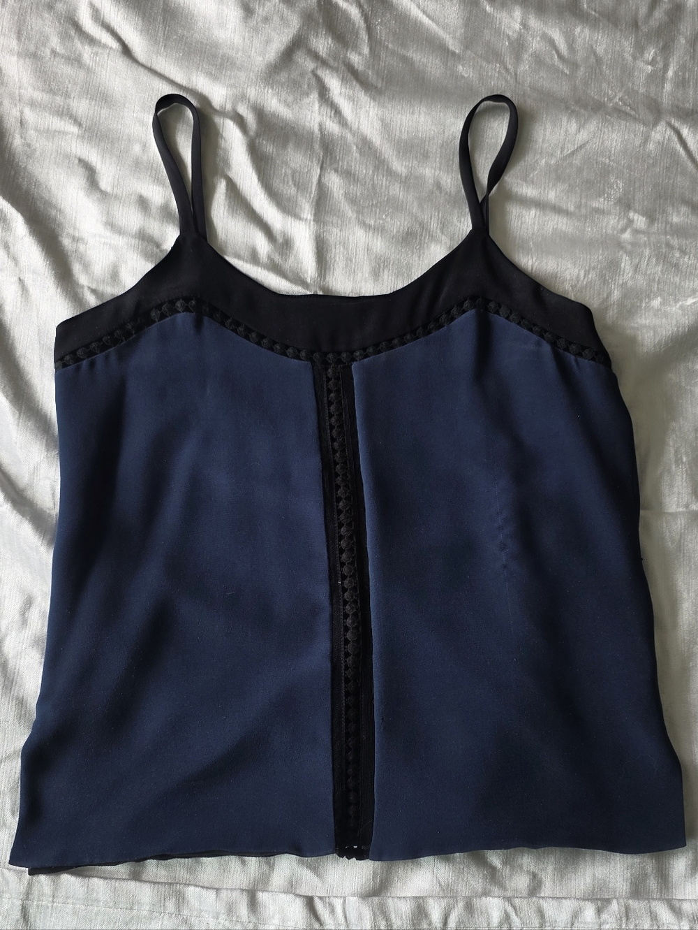 MARNA RO 100% Silk Navy and Black Spaghetti-Strap Cami with Braid Trim